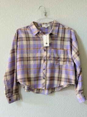 New No Comment (brand is No Comment) Purple Plaid Crop Button Up Flannel Size M